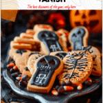 Close-up of spooky party food ideas arranged as graveyard themed snacks with festive Halloween shapes. 2